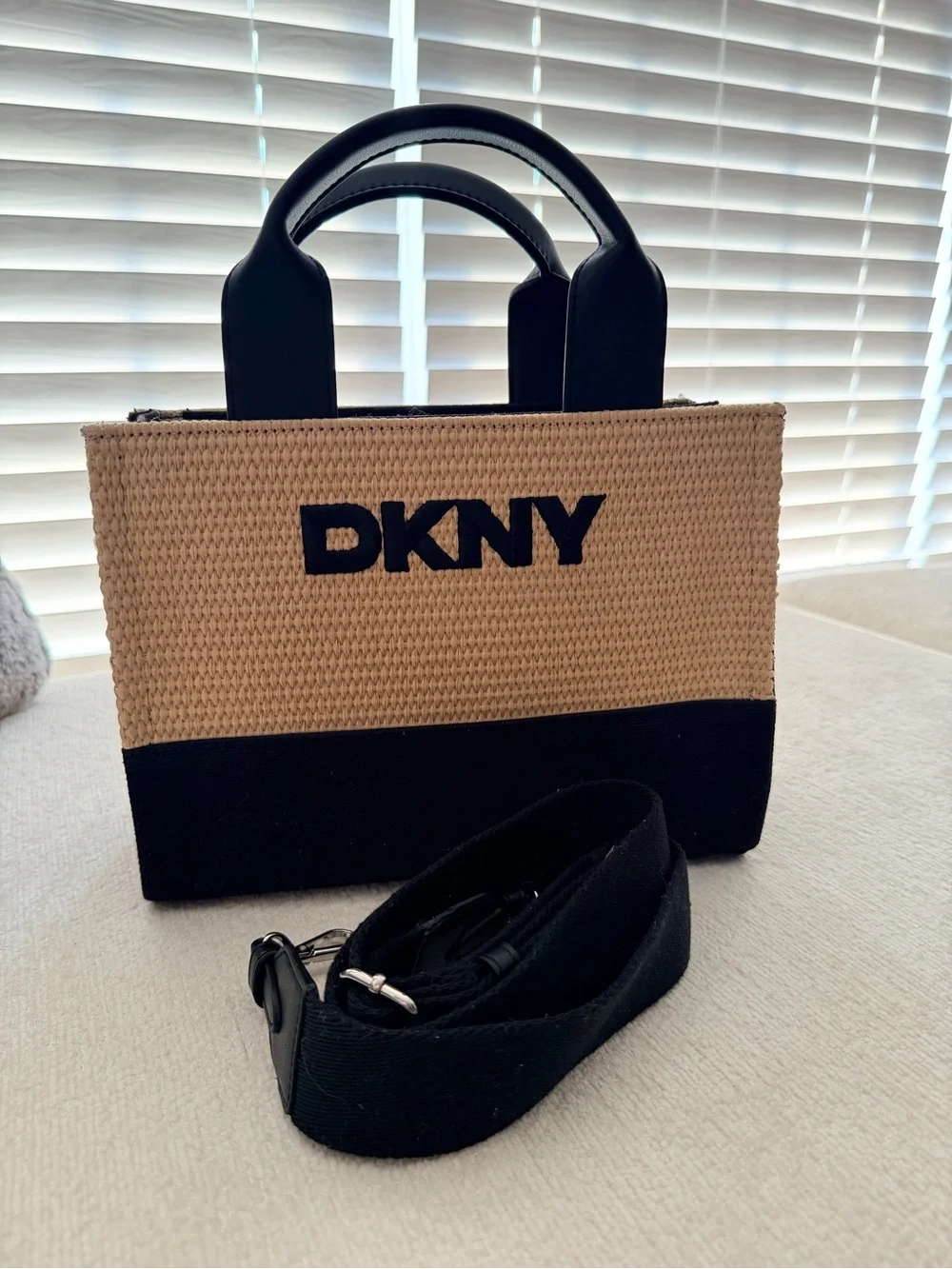 DKNY Black and Natural Straw Mini Tote